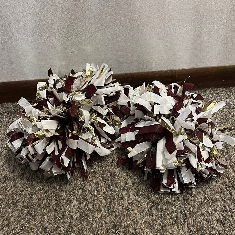 Varsity Maroon and White Pom Poms